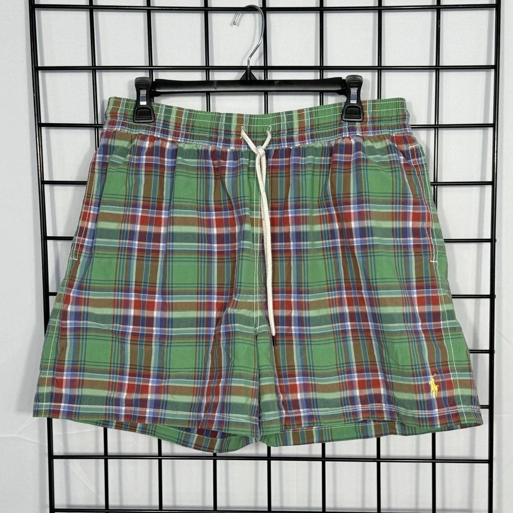 Vintage Polo by Ralph Lauren Plaid Swim Trunks Mens XL Green Lined Pony 90s Prep